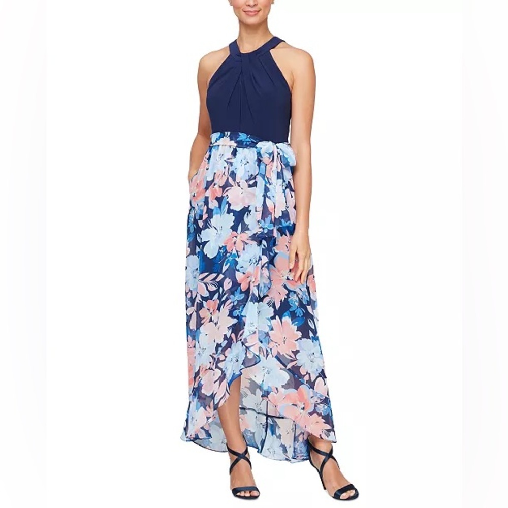 NWT SLNY Twist-Neck Floral-Skirt Maxi Dress Size 16